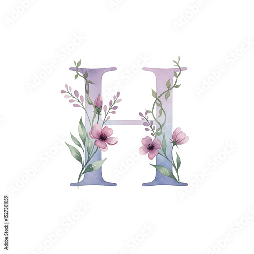Floral gradient alphabet H with watercolour flowers and leaf on a transparent PNG Background. Monogram initials perfect for wedding invitations, greeting card, logo, poster and other design