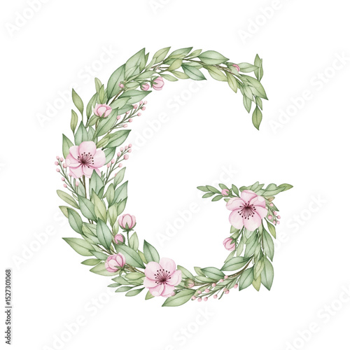 Floral alphabet G with watercolour flowers and leaf on a transparent PNG Background. Monogram initials perfect for wedding invitations, greeting card, logo, poster and other design