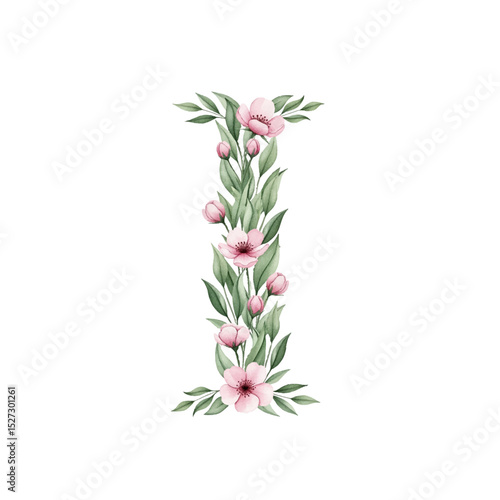 Floral alphabet I with watercolour flowers and leaf on a transparent PNG Background. Monogram initials perfect for wedding invitations, greeting card, logo, poster and other design
