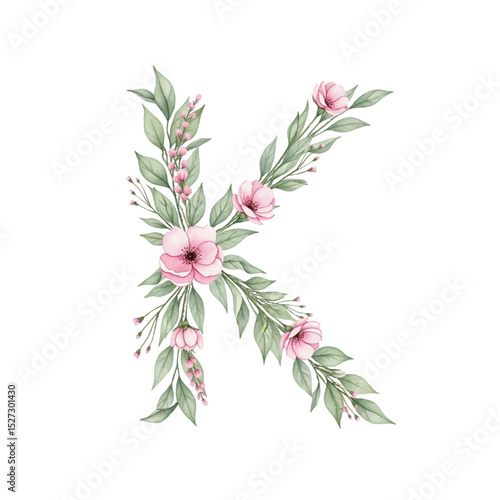 Floral alphabet K with watercolour flowers and leaf on a transparent PNG Background. Monogram initials perfect for wedding invitations, greeting card, logo, poster and other design