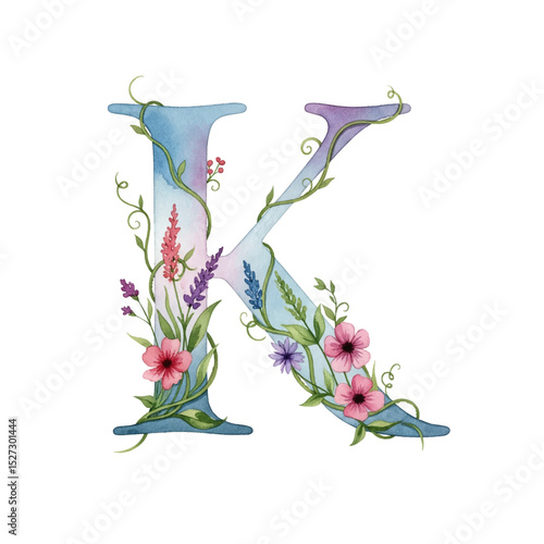 Floral gradient alphabet K with watercolour flowers and leaf on a transparent PNG Background. Monogram initials perfect for wedding invitations, greeting card, logo, poster and other design