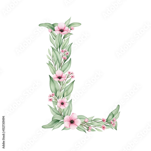 Floral alphabet A with watercolour flowers and leaf on a transparent PNG Background. Monogram initials perfect for wedding invitations, greeting card, logo, poster and other design