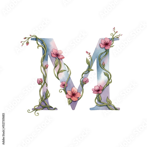 Floral gradient alphabet M with watercolour flowers and leaf on a transparent PNG Background. Monogram initials perfect for wedding invitations, greeting card, logo, poster and other design