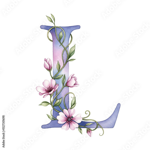 Floral gradient alphabet L with watercolour flowers and leaf on a transparent PNG Background. Monogram initials perfect for wedding invitations, greeting card, logo, poster and other design