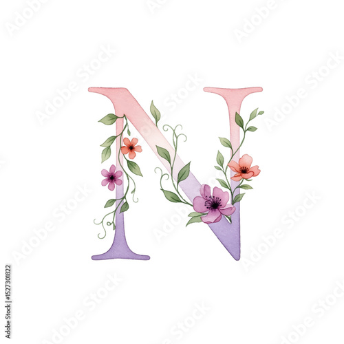Floral gradient alphabet N with watercolour flowers and leaf on a transparent PNG Background. Monogram initials perfect for wedding invitations, greeting card, logo, poster and other design