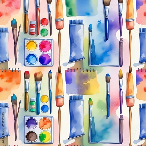 Watercolor seamless pattern of art supplies including brushes, paint tubes, color palettes, and sketchbooks in soft rainbow tones