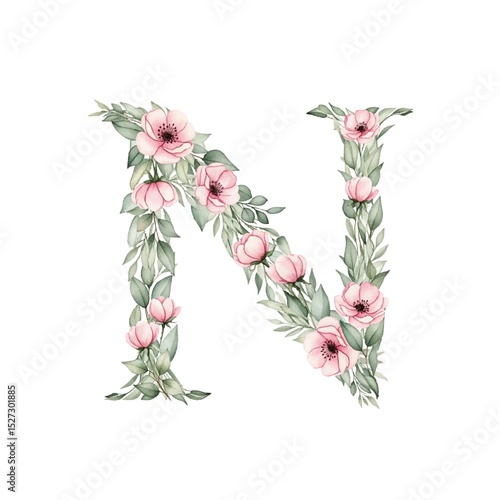Floral alphabet N with watercolour flowers and leaf on a transparent PNG Background. Monogram initials perfect for wedding invitations, greeting card, logo, poster and other design