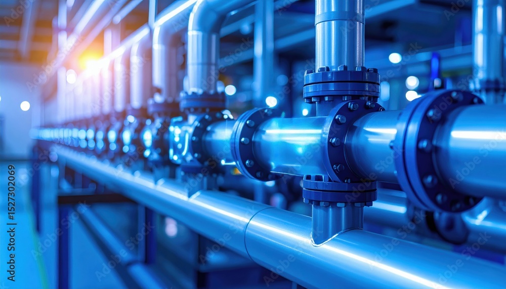 Fototapeta premium A close-up view of interconnected blue industrial pipes with flanges, valves, and joints in a clean, well-lit facility.
