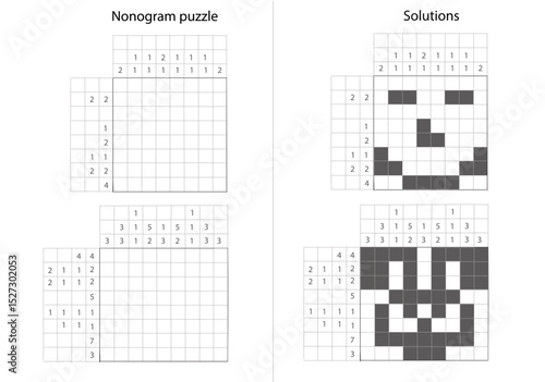 Nonogram puzzle with solution shown. Picross grid game logic challenge brain training. Beginner Easy Level Kids white background vector