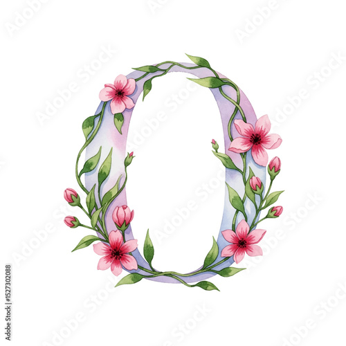 Floral gradient alphabet O with watercolour flowers and leaf on a transparent PNG Background. Monogram initials perfect for wedding invitations, greeting card, logo, poster and other design