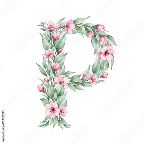 Floral alphabet P with watercolour flowers and leaf on a transparent PNG Background. Monogram initials perfect for wedding invitations, greeting card, logo, poster and other design