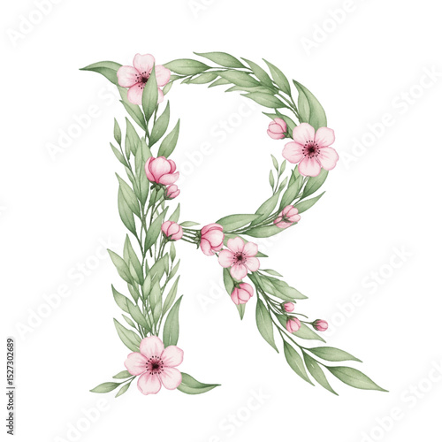 Floral alphabet R with watercolour flowers and leaf on a transparent PNG Background. Monogram initials perfect for wedding invitations, greeting card, logo, poster and other design