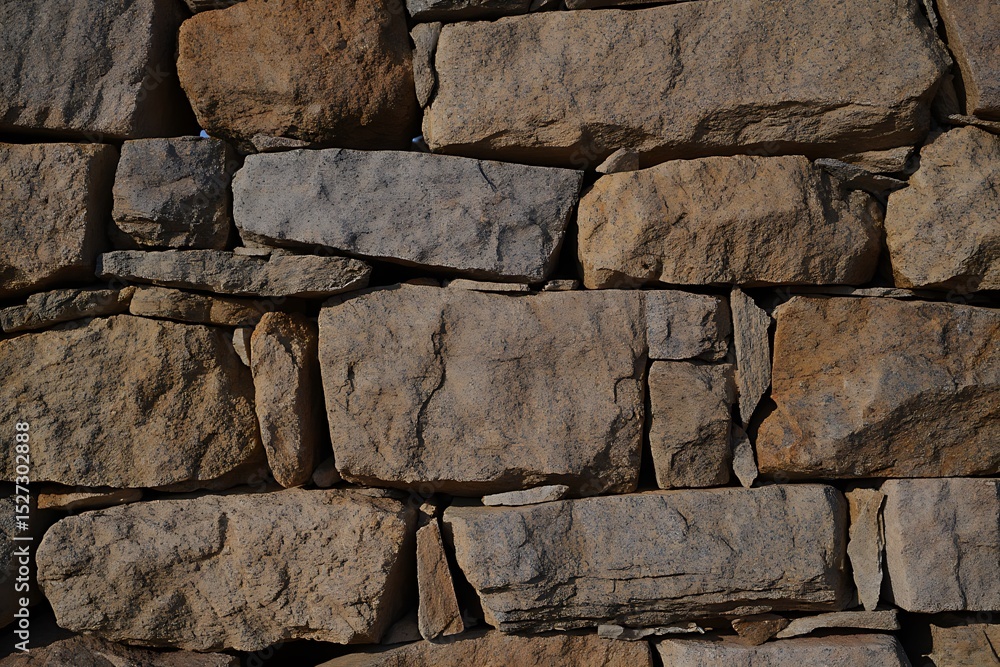 Fototapeta premium A rugged stone wall, textured and earthy tones, basks in sunlight