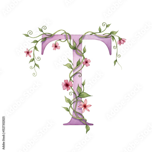 Floral gradient alphabet T with watercolour flowers and leaf on a transparent PNG Background. Monogram initials perfect for wedding invitations, greeting card, logo, poster and other design