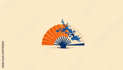Orange and white fan, blue blossoms