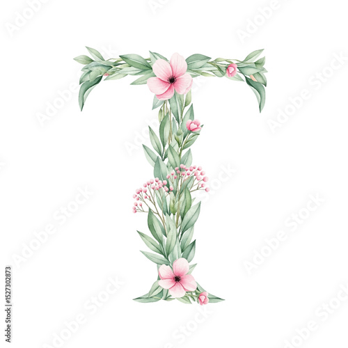 Floral alphabet T with watercolour flowers and leaf on a transparent PNG Background. Monogram initials perfect for wedding invitations, greeting card, logo, poster and other design