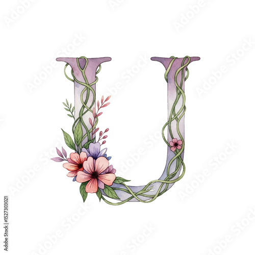 Floral gradient alphabet U with watercolour flowers and leaf on a transparent PNG Background. Monogram initials perfect for wedding invitations, greeting card, logo, poster and other design