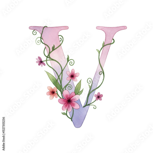 Floral gradient alphabet V with watercolour flowers and leaf on a transparent PNG Background. Monogram initials perfect for wedding invitations, greeting card, logo, poster and other design