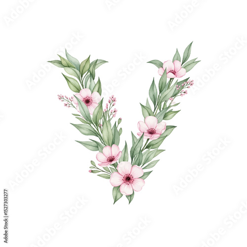 Floral alphabet V with watercolour flowers and leaf on a transparent PNG Background. Monogram initials perfect for wedding invitations, greeting card, logo, poster and other design