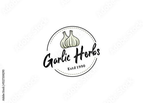 Vector Logo Illustration Garlic. Garlic Herbs Badge Logo Design
