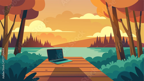 As warm sunlight filters through the trees a laptop is propped up on an old dock providing the perfect spot for someone to get lost in their work.. Vector illustration