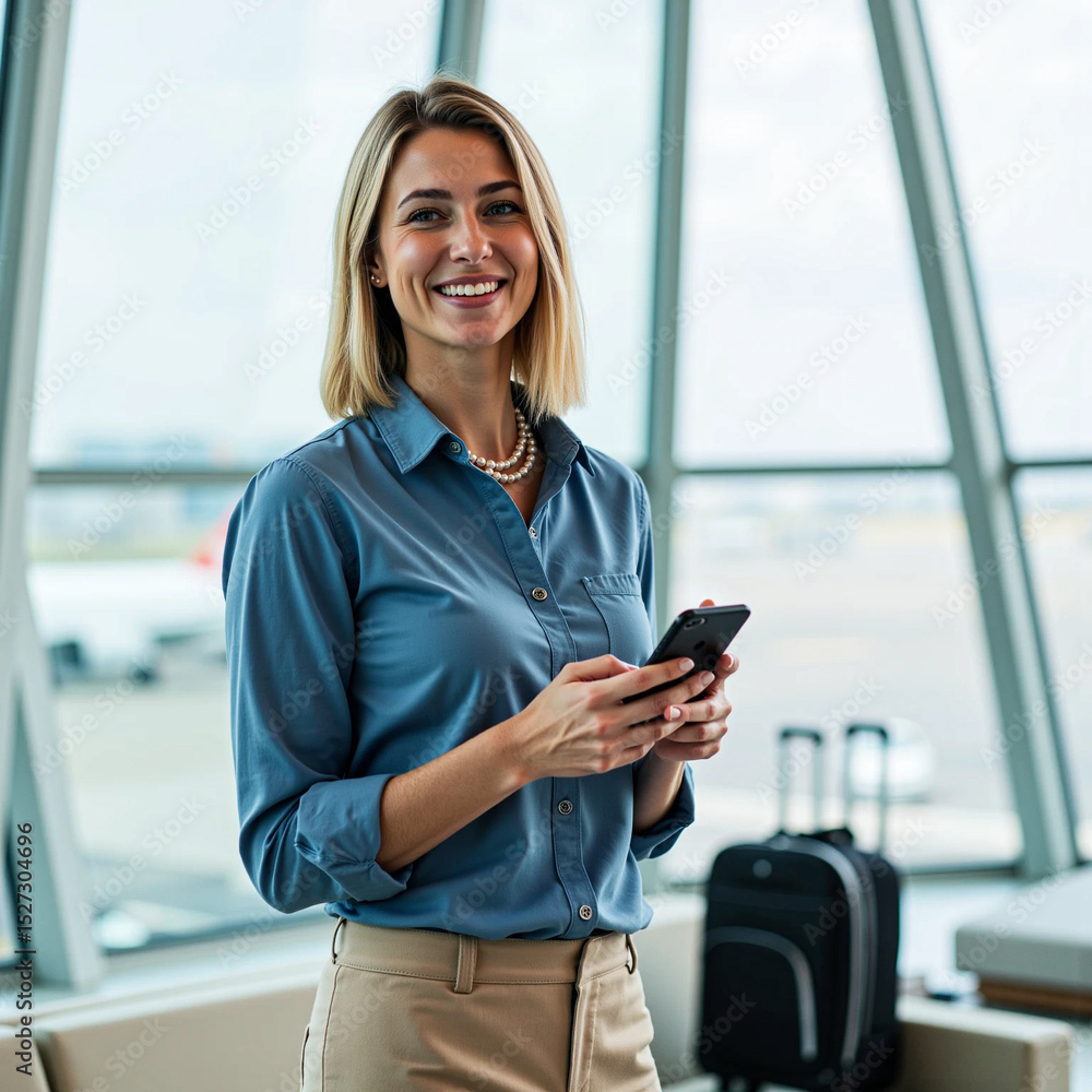 Fototapeta premium Portrait of a Woman at the Airport Showing Smartphone – Travel and Technology Lifestyle Photo