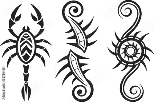 Tribal Tattoo Designs Featuring a Scorpion and Abstract Sun