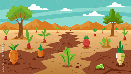 A cracked barren field where carrots and radishes once sprouted now unrecognizable and lifeless.. Vector illustration
