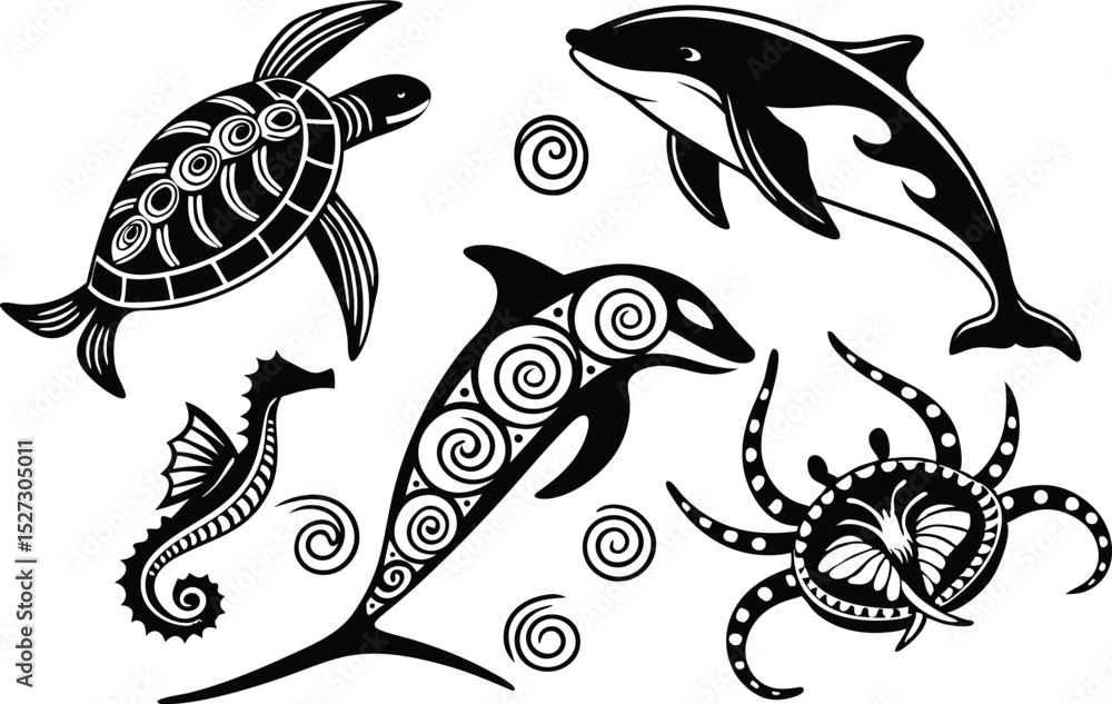 Fototapeta premium Black and White Sea Creatures with Tribal Designs Vector Illustration