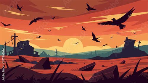 A flock of birds circle above the abandoned fields their cries echoing through the silent and desolate landscape. The lack of human presence a clear indication of the displacement. Vector illustration