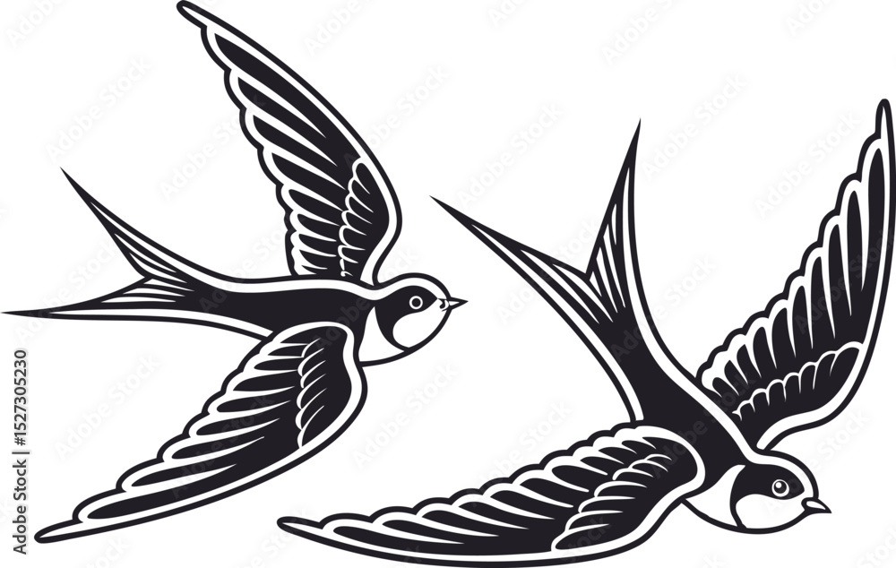 Fototapeta premium Two Black and White Swallow Birds Flying in Opposite Directions Illustration