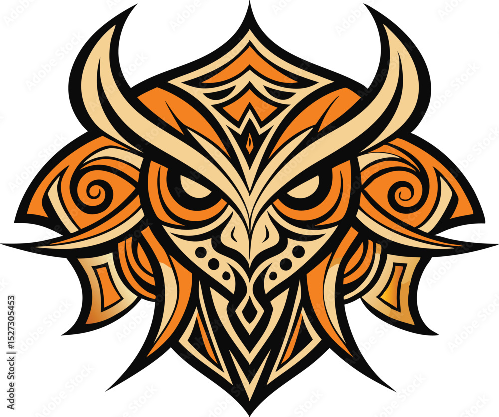 Fototapeta premium Stylized Owl Illustration with Tribal Design Elements in Orange and Beige