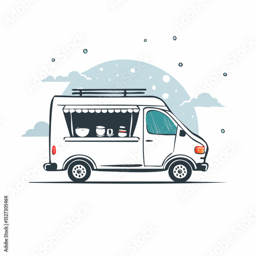 Minimalist logo illustrations of coffee van in travel setting, perfect for mobile cafe branding or small hospitality startup use.