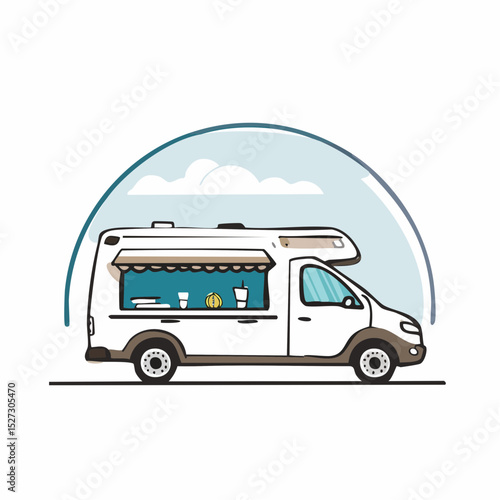 Minimalist logo illustrations of coffee van in travel setting, perfect for mobile cafe branding or small hospitality startup use.