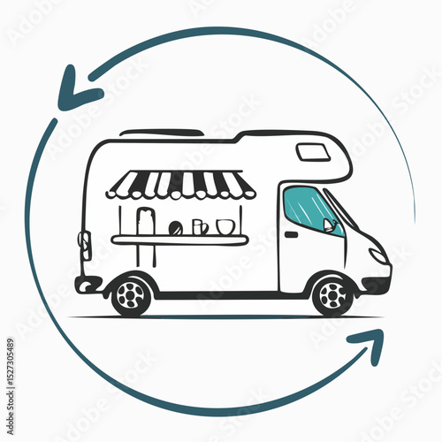 Minimalist logo illustrations of coffee van in travel setting, perfect for mobile cafe branding or small hospitality startup use.
