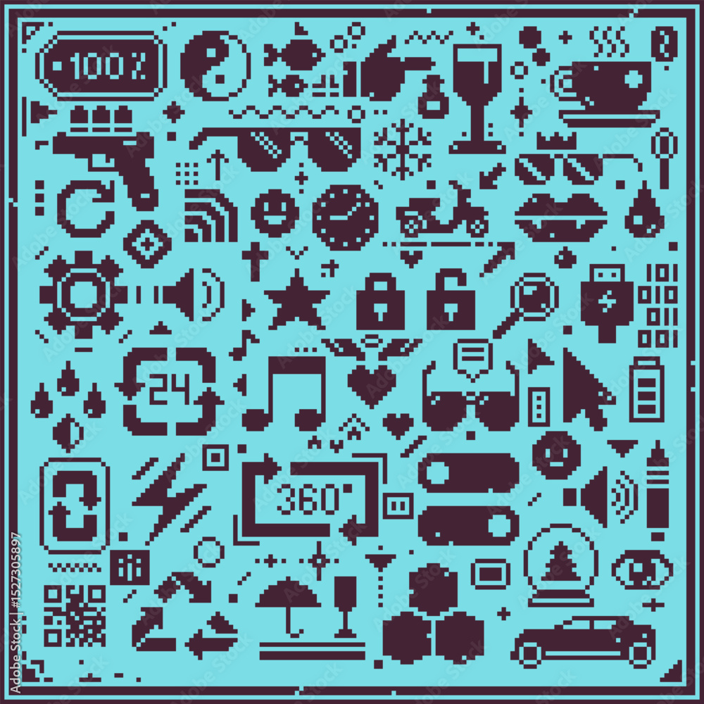 Pixel art icons set pattern, seamless background, fashion trend fabric textures, template, symbol, logo, sticker, mobile app, website, badges and patches. 8-bit sprite. Isolated vector illustration. Pixel art icons set pattern, seamless background, fashion trend fabric textures, template, symbol, logo, sticker, mobile app, website, badges and patches. 8-bit sprite. Isolated vector illustration.