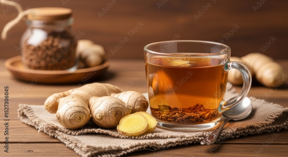 Fototapeta premium Ginger Tea in Glass Cup with Fresh Ingredients