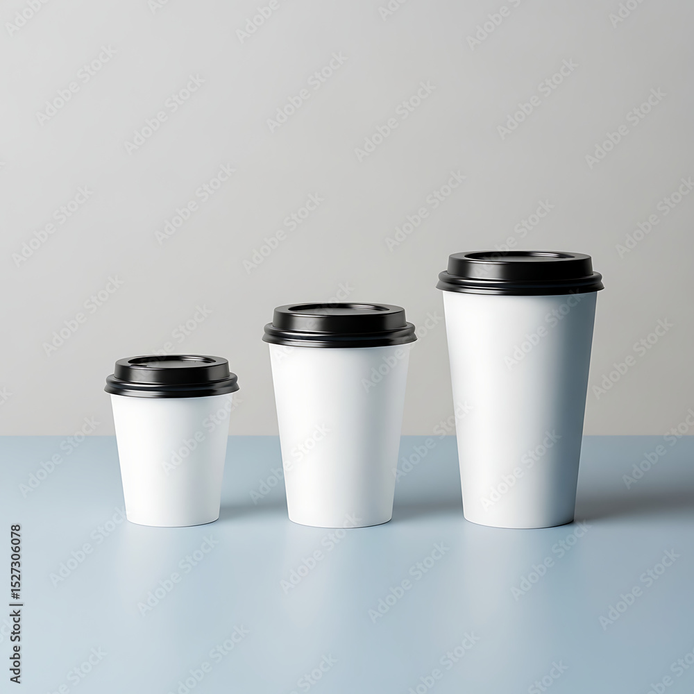 Three Disposable Coffee Cups in Different Sizes on a Blue Table. Three Disposable Coffee Cups in Different Sizes on a Blue Table.