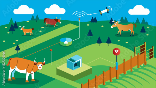 A virtual fence technology that uses GPS and sensors to create a virtual boundary allowing for controlled grazing and movement of animals.. Vector illustration