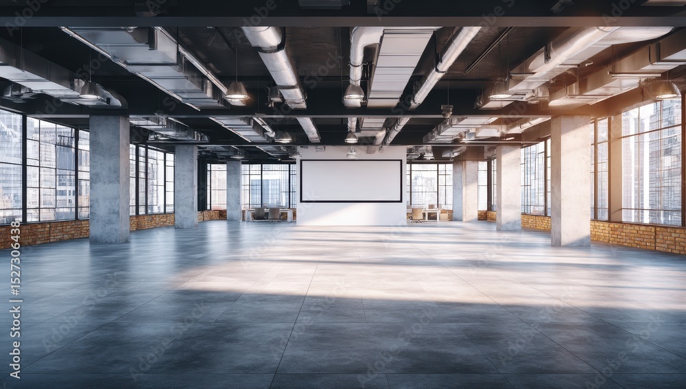 Empty industrial loft space with large windows Empty industrial loft space with large windows