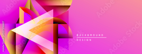 Abstract geometric shapes overlap, creating vibrant pink, orange gradients. Right side features text background design. Modern, dynamic composition.