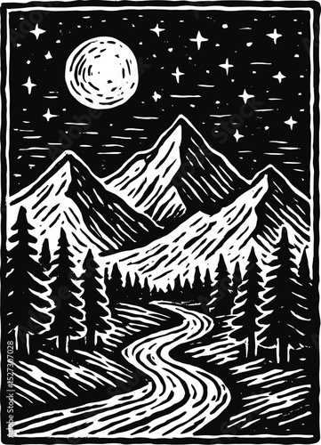 black and white woodcut style landscape with mountains river trees moon and stars at night