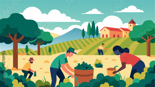 The rhythm of workers tending to the vineyard creates a natural background soundtrack for a workday in a quiet corner of the estate.. Vector illustration