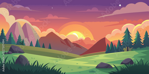  illustration of animated-style sunset hill range with cartoon bushes