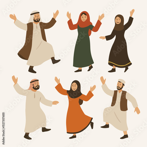 Vector Set Arabic people folk dancing traditional dress