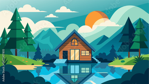 Surrounded by nature the cabin offers the perfect opportunity for a lunchtime hike or a quick dip in the cool clear lake waters.. Vector illustration