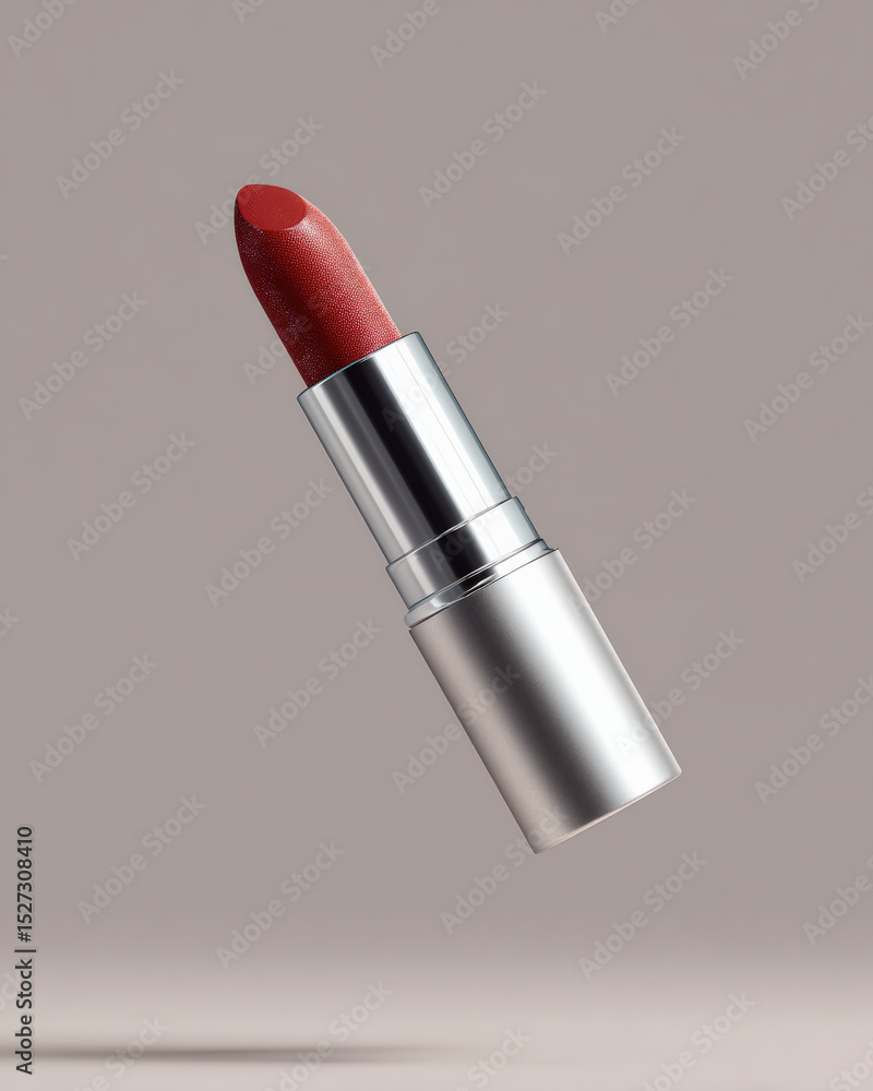 Creative packshot of lipstick floating against neutral background, showcasing its vibrant red color and sleek design. This captures elegance and allure of beauty products Creative packshot of lipstick floating against neutral background, showcasing its vibrant red color and sleek design. This captures elegance and allure of beauty products