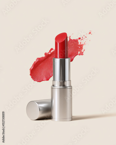 Vibrant red lipstick stands upright beside bold red smear on soft beige background, showcasing its rich color and smooth texture, perfect for enhancing beauty and confidence