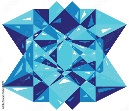 Geometric mystical mandala. Blue faceted crystal sacred sign. Pattern of overlapping triangles. Glass magic sapphire gemstone. Yoga meditation yantra. Vector icon