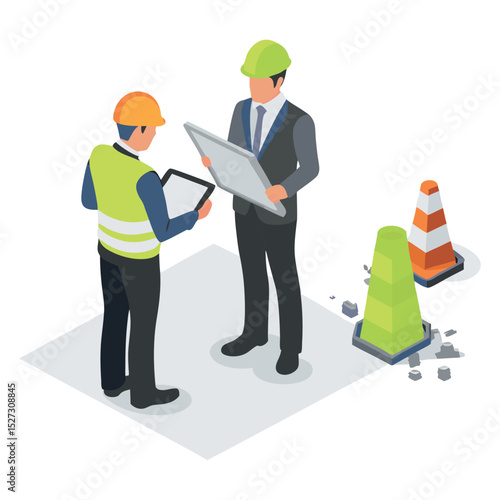 Isometric cartoon of a business investor and engineers reviewing construction site plans with a blueprint and tablet on location.